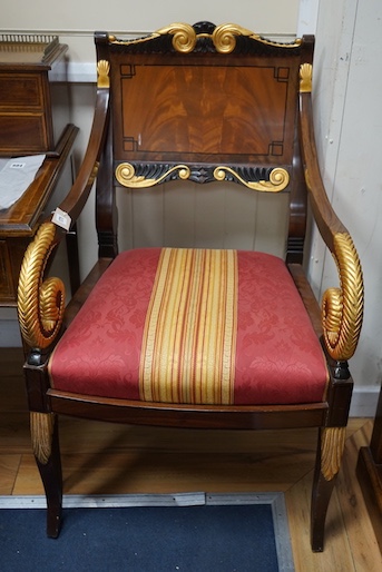 A pair of Regency design parcel gilt mahogany elbow chairs, width 59cm, depth 53cm, height 102cm